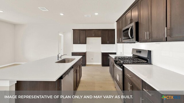 193 Zane Saddle Rd, Lockhart, TX 78644 - kitchen with a sink, appliances with stainless steel finishes, visible vents, decorative backsplash, and dark brown cabinets