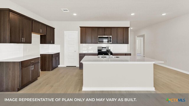 193 Zane Saddle Rd, Lockhart, TX 78644 - kitchen with stainless steel appliances, backsplash, light wood-style floors, an island with sink, and visible vents
