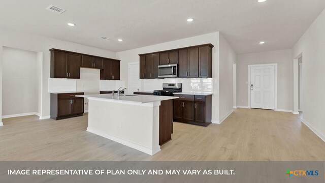 193 Zane Saddle Rd, Lockhart, TX 78644 - kitchen featuring visible vents, stainless steel appliances, dark brown cabinets, an island with sink, and light wood-type flooring