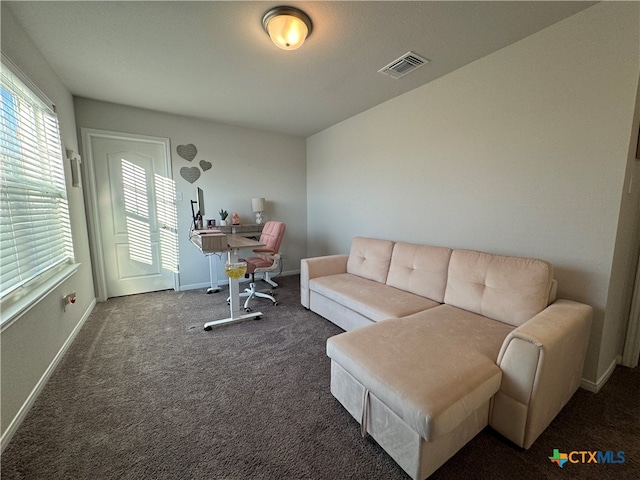 interior space featuring dark colored carpet