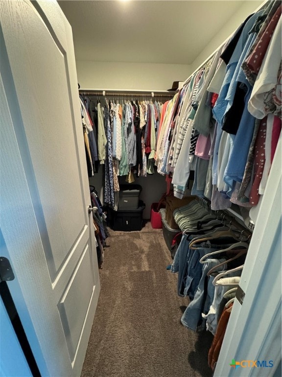 walk in closet featuring dark carpet