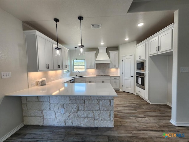 719 Eagle Claw Dr, Salado, TX 76571 - kitchen featuring appliances with stainless steel finishes, custom range hood, a sink, a peninsula, and decorative backsplash