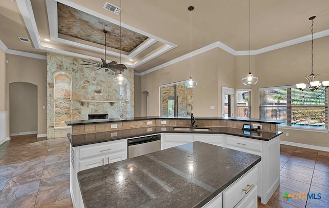 kitchen featuring a sink, ceiling fan with notable chandelier, a tray ceiling, a large island, and stainless steel dishwasher