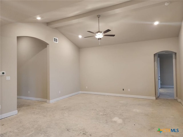 spare room featuring vaulted ceiling with beams and ceiling fan