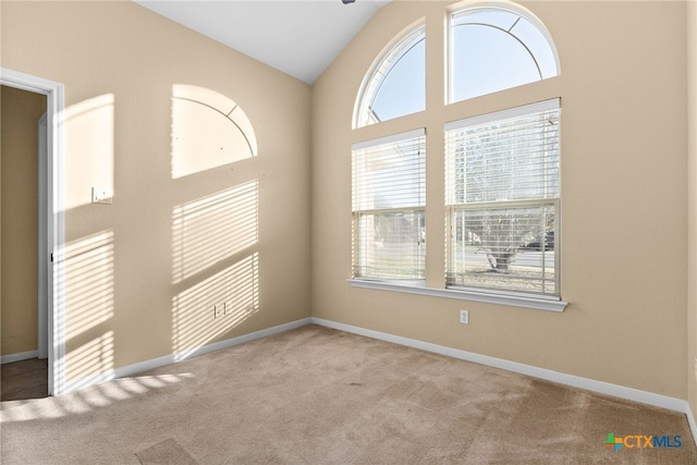 carpeted empty room with a healthy amount of sunlight and high vaulted ceiling