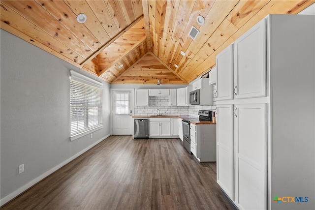 kitchen with a sink, tasteful backsplash, appliances with stainless steel finishes, wooden ceiling, and dark wood-style flooring