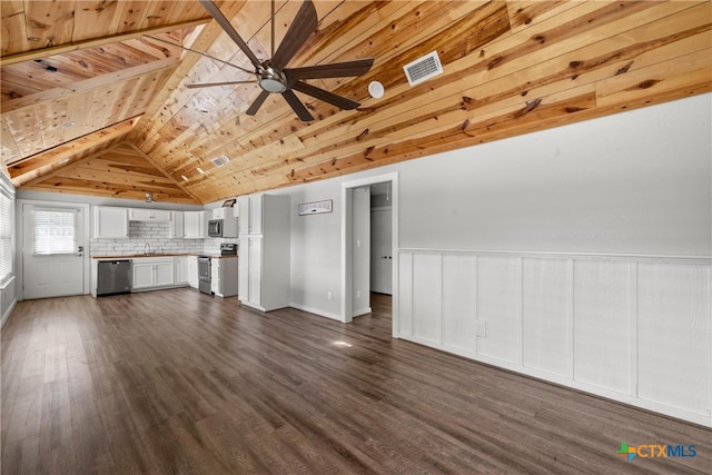 unfurnished living room featuring visible vents, a ceiling fan, wooden ceiling, lofted ceiling, and dark wood-style flooring