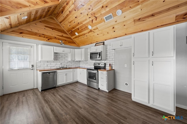 kitchen featuring visible vents, dark wood-type flooring, appliances with stainless steel finishes, white cabinets, and a sink