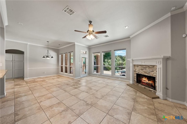5905 Turtle Creek Trl, Temple, TX 76502 - unfurnished living room featuring light tile patterned floors, a ceiling fan, a fireplace, crown molding, and recessed lighting