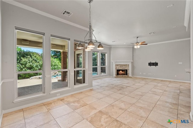 5905 Turtle Creek Trl, Temple, TX 76502 - unfurnished living room featuring ornamental molding, light tile patterned flooring, ceiling fan, a fireplace, and baseboards