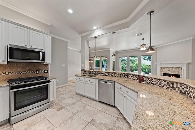 5905 Turtle Creek Trl, Temple, TX 76502 - kitchen with stainless steel appliances, crown molding, decorative backsplash, a ceiling fan, and a fireplace