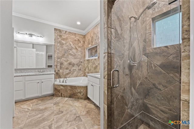 5905 Turtle Creek Trl, Temple, TX 76502 - bathroom featuring ornamental molding, vanity, a garden tub, and a shower stall