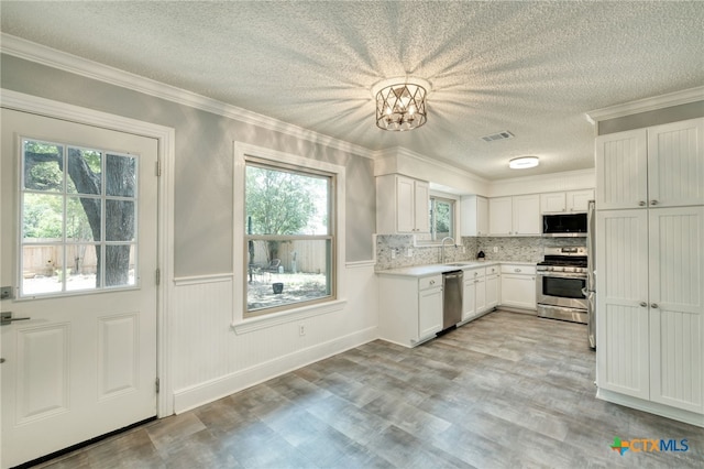 1506 Spiderlily Vw, Cedar Park, TX 78613 - kitchen with appliances with stainless steel finishes, a sink, ornamental molding, a textured ceiling, and light countertops