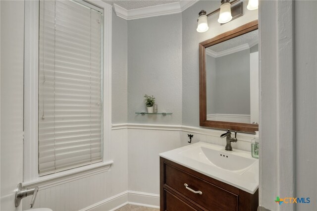 1506 Spiderlily Vw, Cedar Park, TX 78613 - bathroom featuring vanity, crown molding, a wainscoted wall, and a textured ceiling
