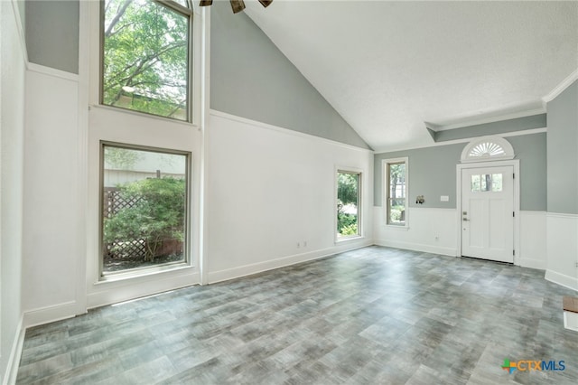 1506 Spiderlily Vw, Cedar Park, TX 78613 - unfurnished living room with high vaulted ceiling, ceiling fan, wood finished floors, and a wainscoted wall