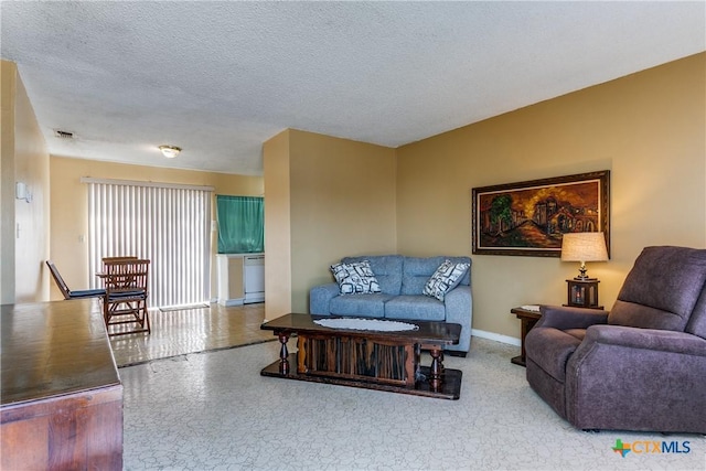 living room with a textured ceiling