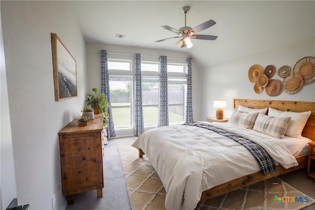 313 Durata Dr, San Marcos, TX 78666 - bedroom featuring vaulted ceiling, light colored carpet, and ceiling fan
