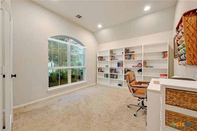 carpeted office with lofted ceiling