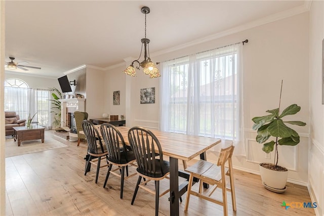 dining area with crown molding, a ceiling fan, light wood-style flooring, and a fireplace