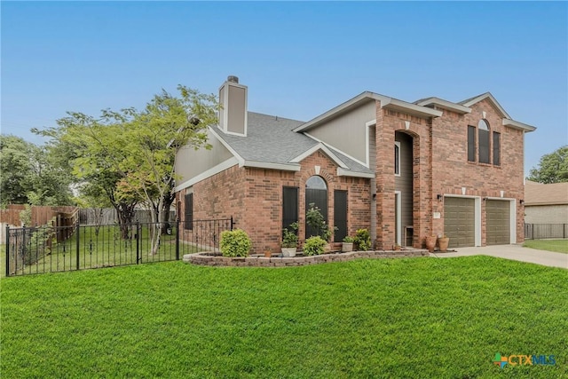 traditional-style house featuring concrete driveway, brick siding, fence, and a garage