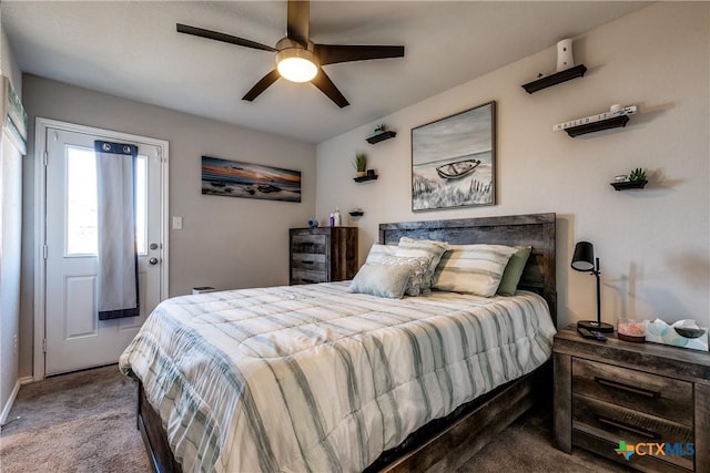 carpeted bedroom featuring ceiling fan