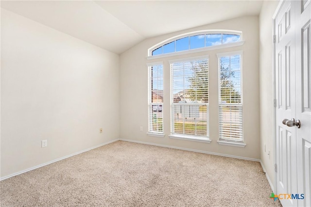 empty room featuring plenty of natural light, carpet, and lofted ceiling