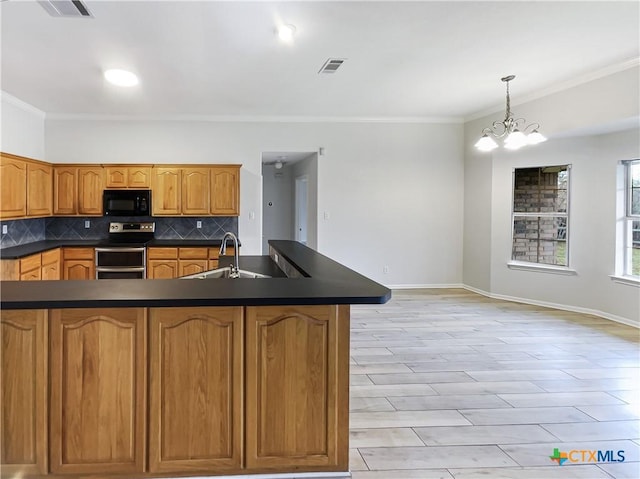 kitchen with backsplash, an inviting chandelier, stainless steel electric stove, sink, and crown molding