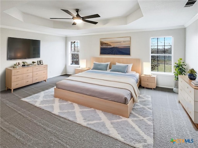 bedroom featuring a tray ceiling, ceiling fan, and ornamental molding