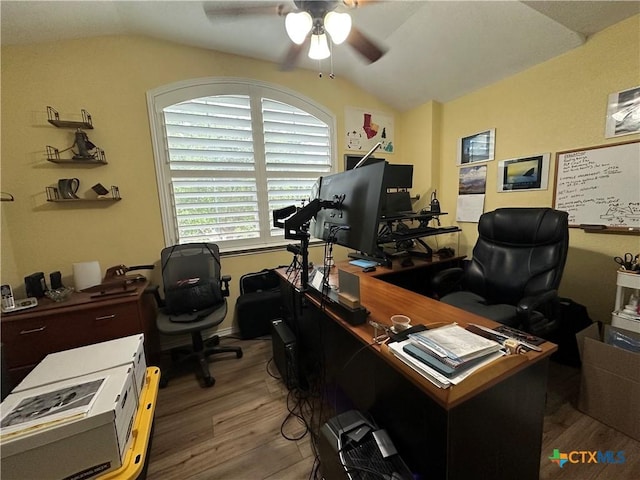 334 Sorenstam Way, Cibolo, TX 78108 - office area featuring vaulted ceiling, a ceiling fan, and wood finished floors