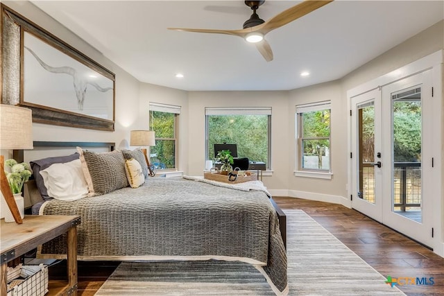 bedroom with access to outside, dark hardwood / wood-style flooring, ceiling fan, and french doors