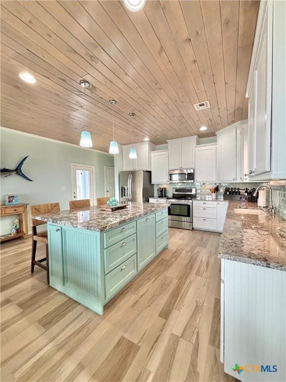 kitchen with stainless steel appliances, a sink, visible vents, white cabinetry, and tasteful backsplash