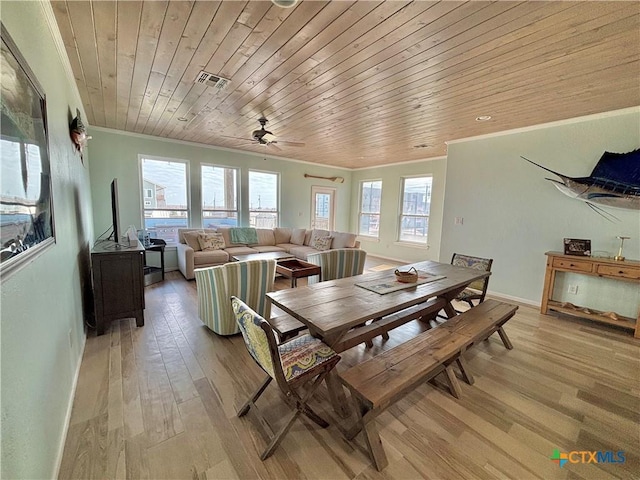 dining room with wooden ceiling, visible vents, light wood-style floors, ornamental molding, and a wealth of natural light