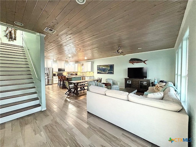 living room featuring visible vents, stairway, ceiling fan, wood finished floors, and wooden ceiling