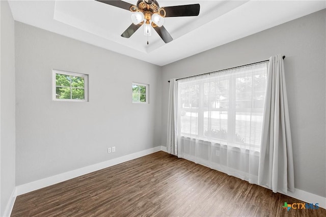 4130 Cripple Creek Dr, Temple, TX 76502 - unfurnished room with a tray ceiling, wood finished floors, and a ceiling fan