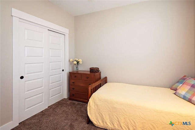 bedroom with a closet and dark colored carpet