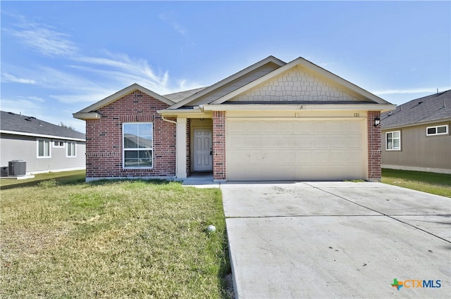 view of front of house with a front lawn, a garage, and cooling unit