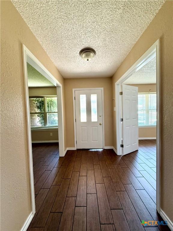 3002 Lois Cir, Copperas Cove, TX 76522 - foyer featuring a textured ceiling, dark wood finished floors, healthy amount of natural light, and a textured wall
