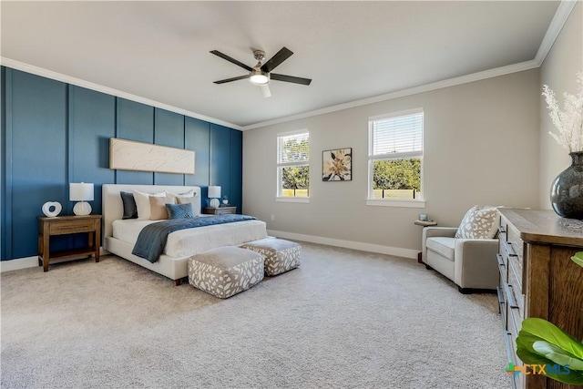 bedroom with baseboards, ceiling fan, ornamental molding, and light colored carpet