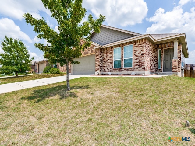 single story home with a garage and a front yard