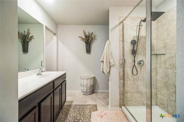 bathroom with tile patterned floors, vanity, and a shower with door