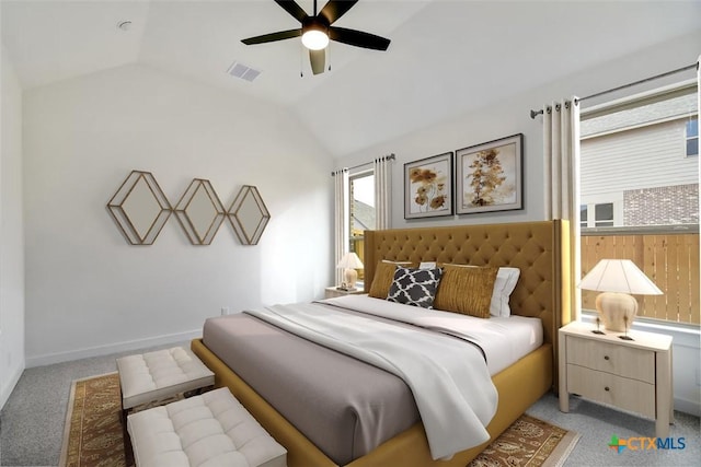 1842 Nettletree Rd, New Braunfels, TX 78132 - bedroom with ceiling fan, light colored carpet, visible vents, baseboards, and lofted ceiling
