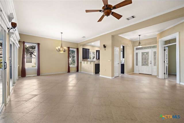 unfurnished living room with ornamental molding and ceiling fan with notable chandelier