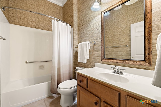 full bathroom featuring toilet, vanity, tile patterned flooring, and shower / bath combo with shower curtain