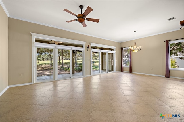 empty room with ornamental molding and ceiling fan with notable chandelier