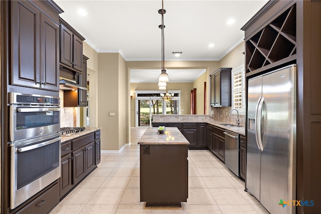 kitchen with stainless steel appliances, sink, tasteful backsplash, a kitchen island, and pendant lighting