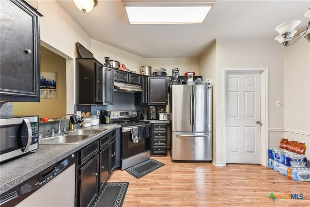 4108 Pepper Mill Holw, Killeen, TX 76542 - kitchen featuring stainless steel appliances, a sink, dark cabinets, under cabinet range hood, and light wood-style flooring