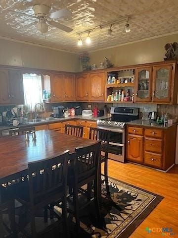 kitchen with a textured ceiling, rail lighting, ceiling fan, stainless steel electric stove, and light hardwood / wood-style flooring