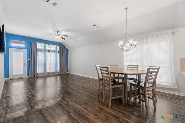 865 Stockdale Rd, Copperas Cove, TX 76522 - dining space featuring a chandelier, wood finished floors, ceiling fan, and vaulted ceiling