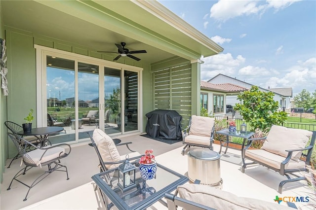 1308 Dancing Oak Ln, San Marcos, TX 78666 - view of patio / terrace featuring a grill, ceiling fan, and outdoor dining area