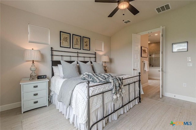 1308 Dancing Oak Ln, San Marcos, TX 78666 - bedroom featuring light wood-type flooring, vaulted ceiling, and a ceiling fan